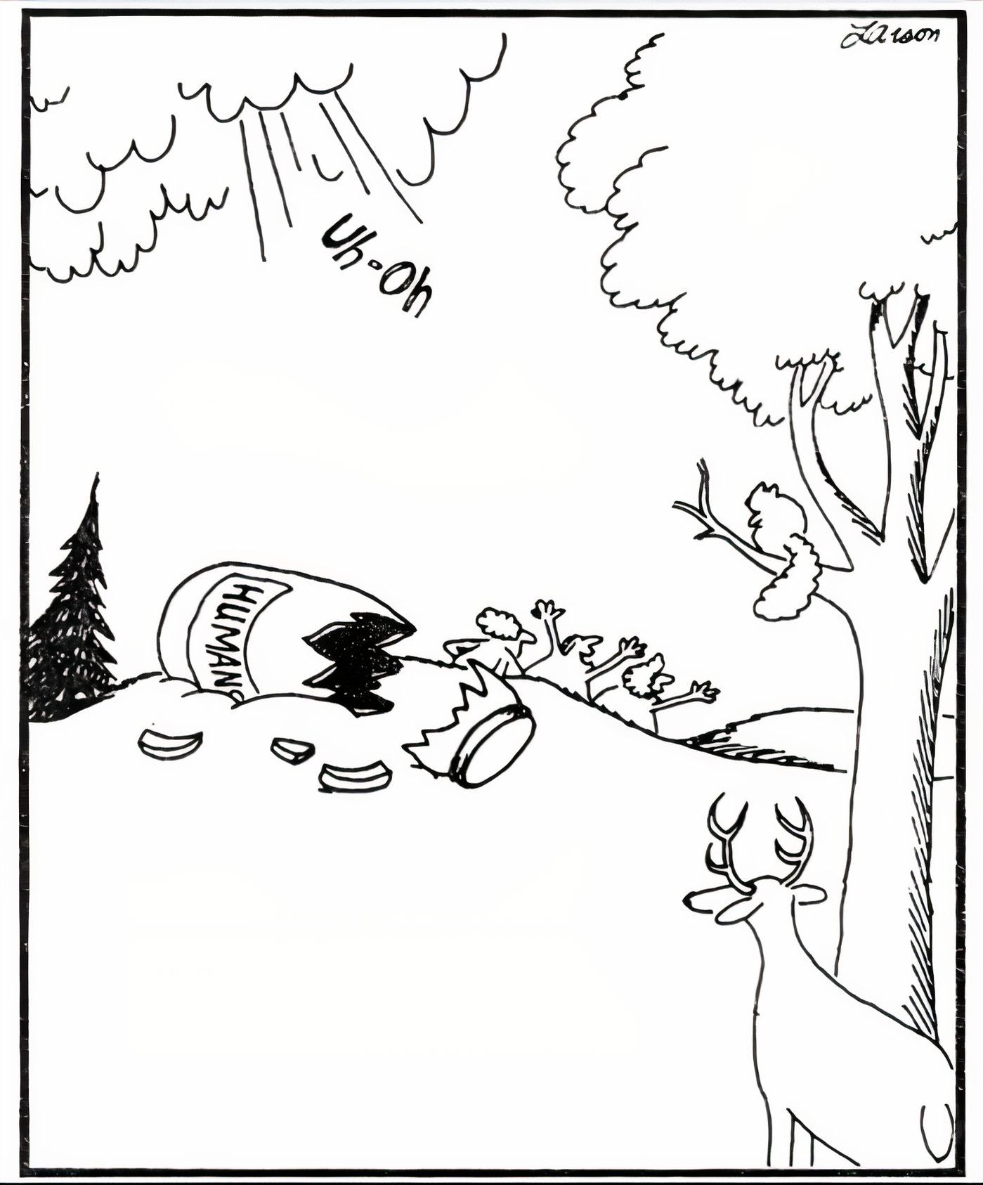 A pot of humans falling from the sky to Earth by mistake in The Far Side.