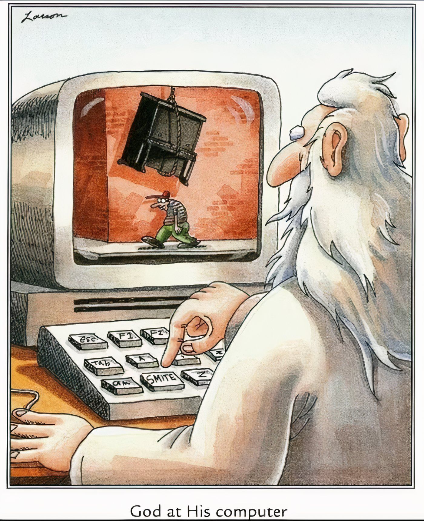 God using a computer to attack someone on the Far Side.