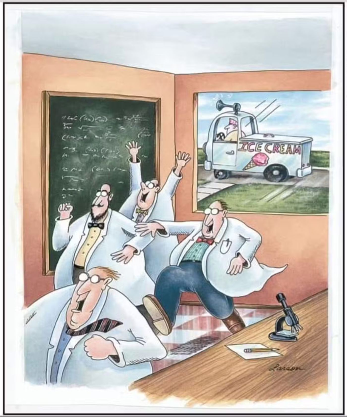 The Far Side Scientists running after an ice cream truck.