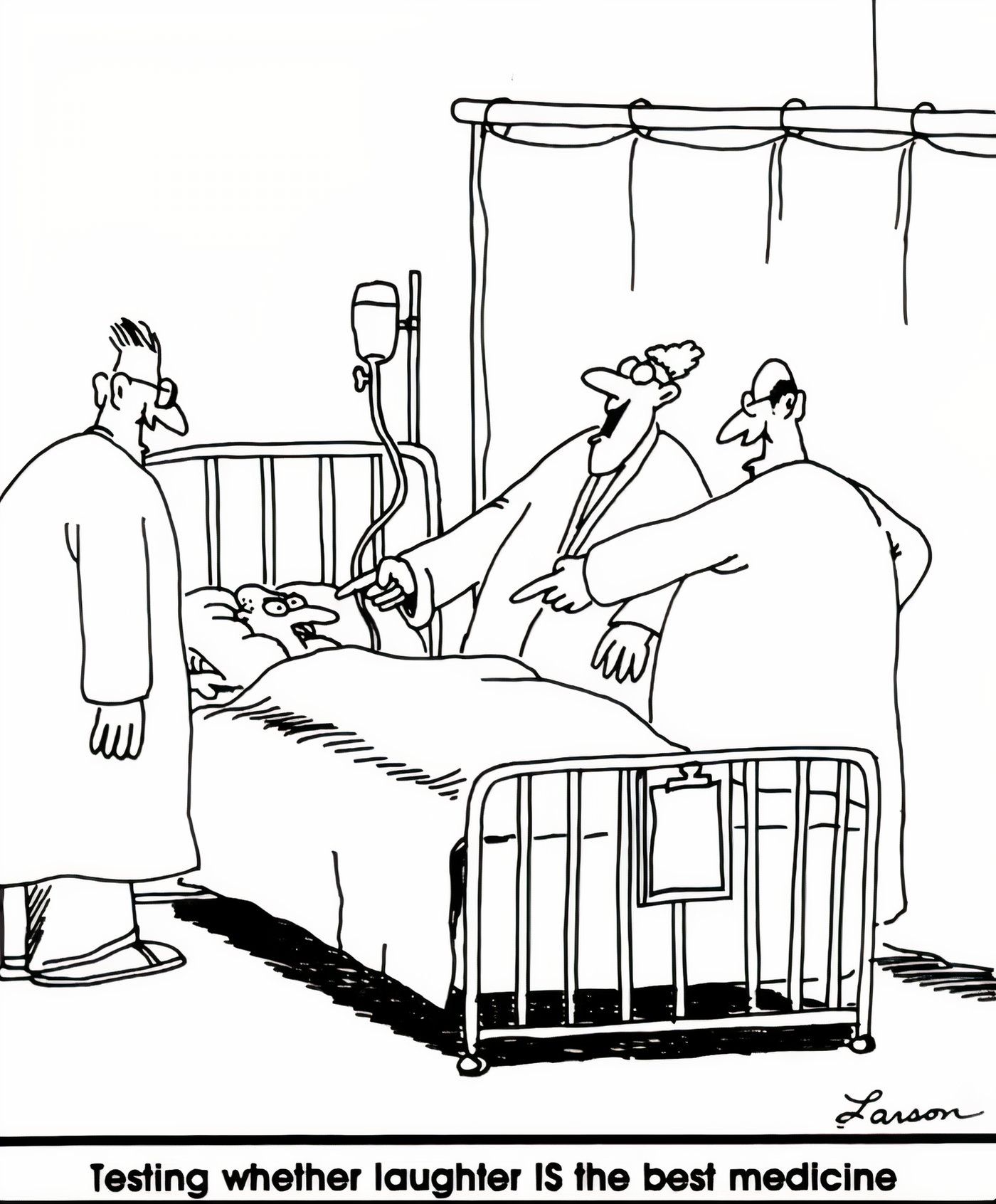 Scientists laughing at a bedridden sick patient in The Far Side.