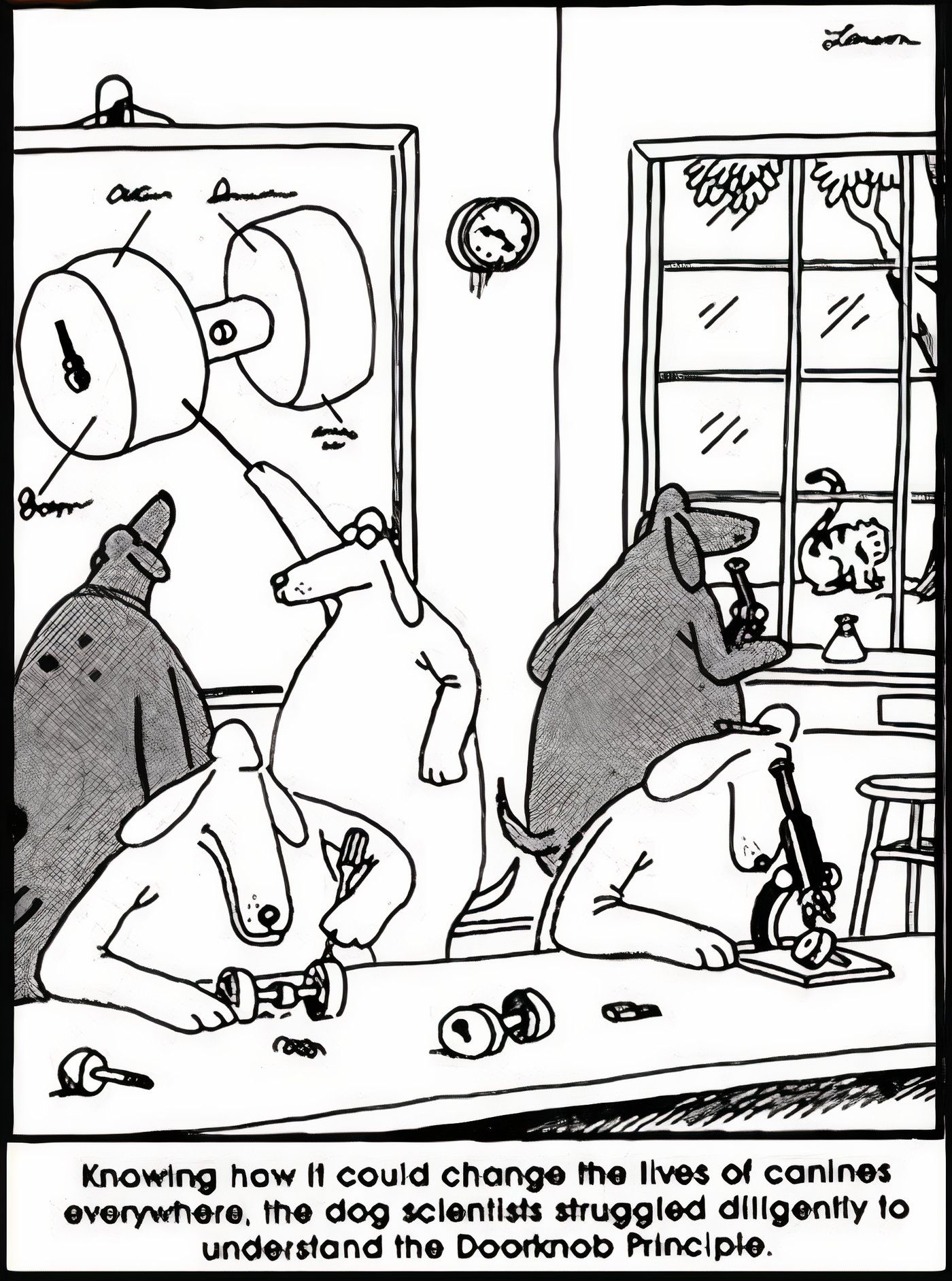 A room full of dog scientists in The Far Side.