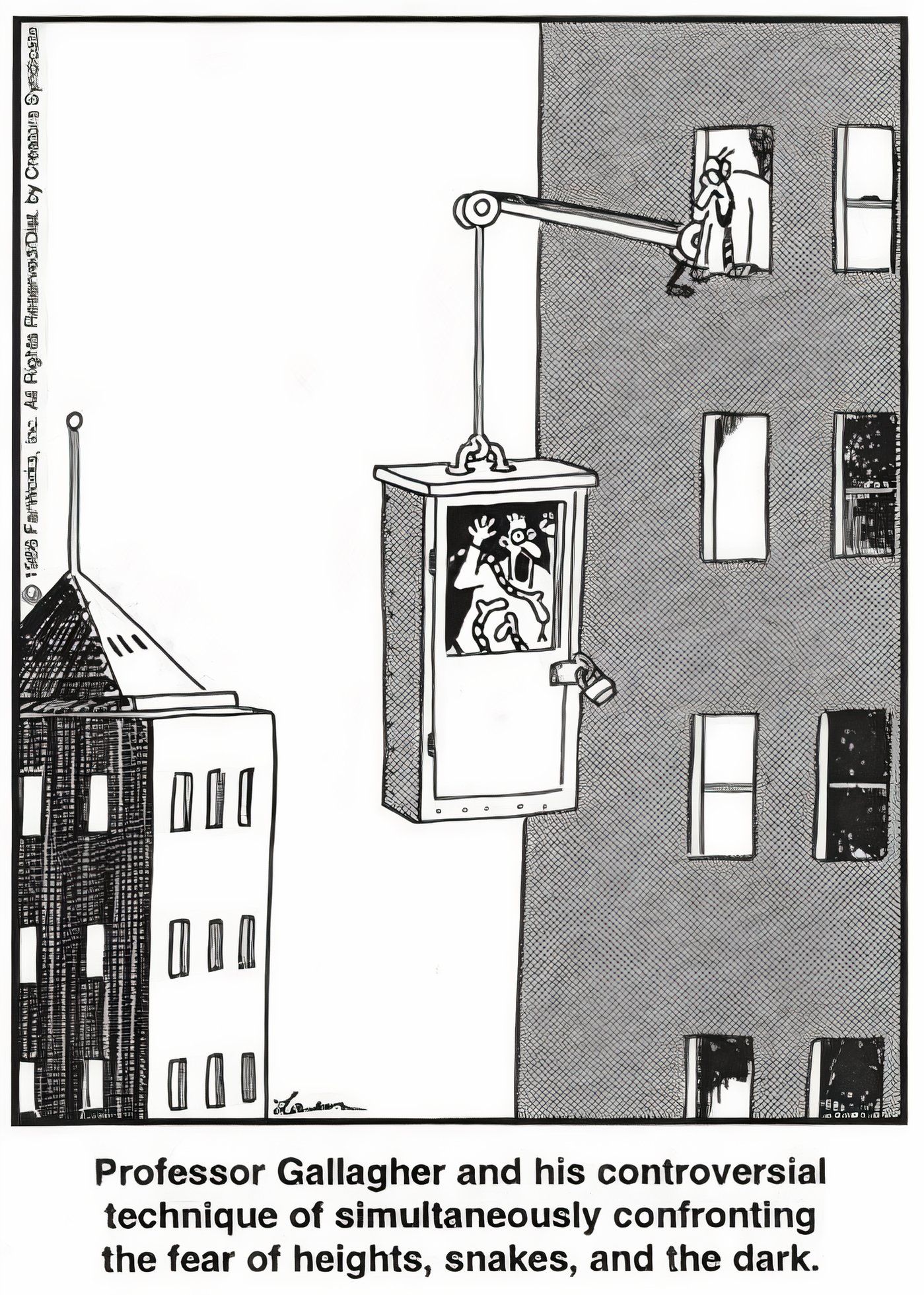 Scientist dangling in a box filled with snakes from the side of a building in The Far Side.