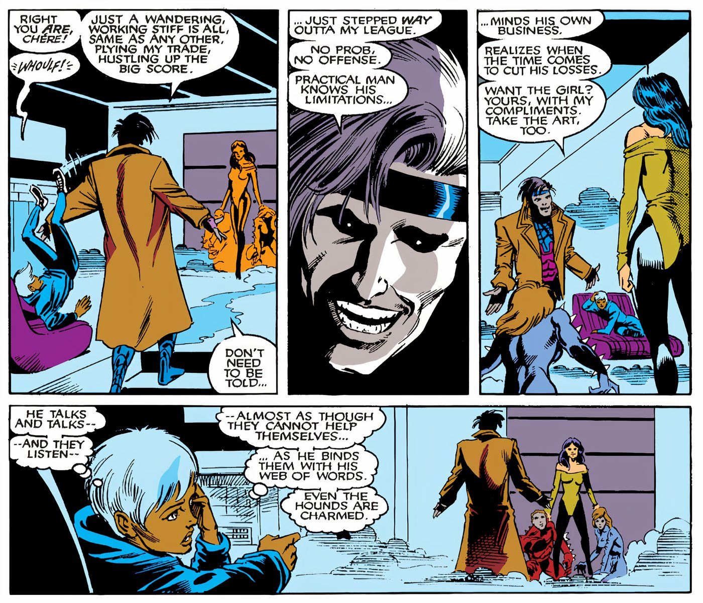 Gambit usando seu poder de charme hipnótico em um grupo de vilões dos X-Men.