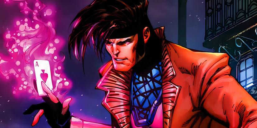 Comic book art: Gambit holding a super-charged playing card.