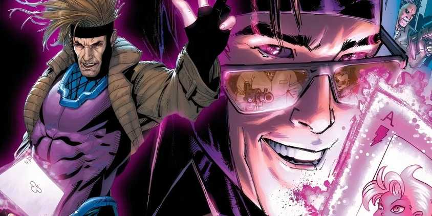 Gambit super-charging playing cards while wearing sunglasses and smiling. 