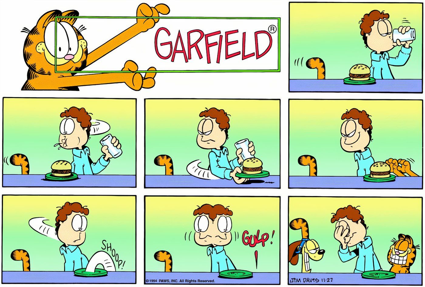 Garfield and Odie stealing Jon's lunch.