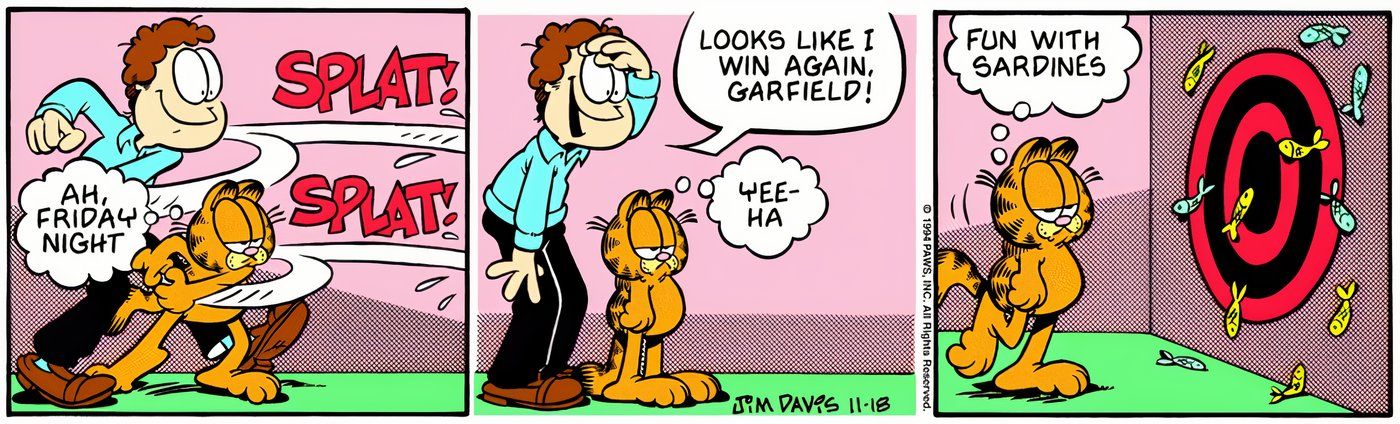 Garfield and Jon playing darts with sardines. 