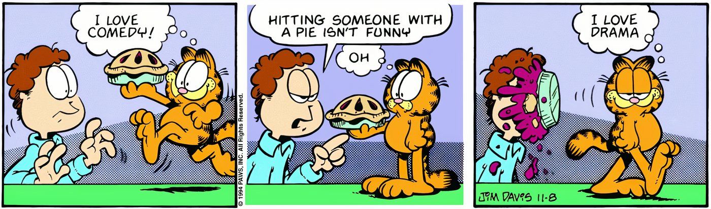 Garfield throwing a pie in Jon's face.