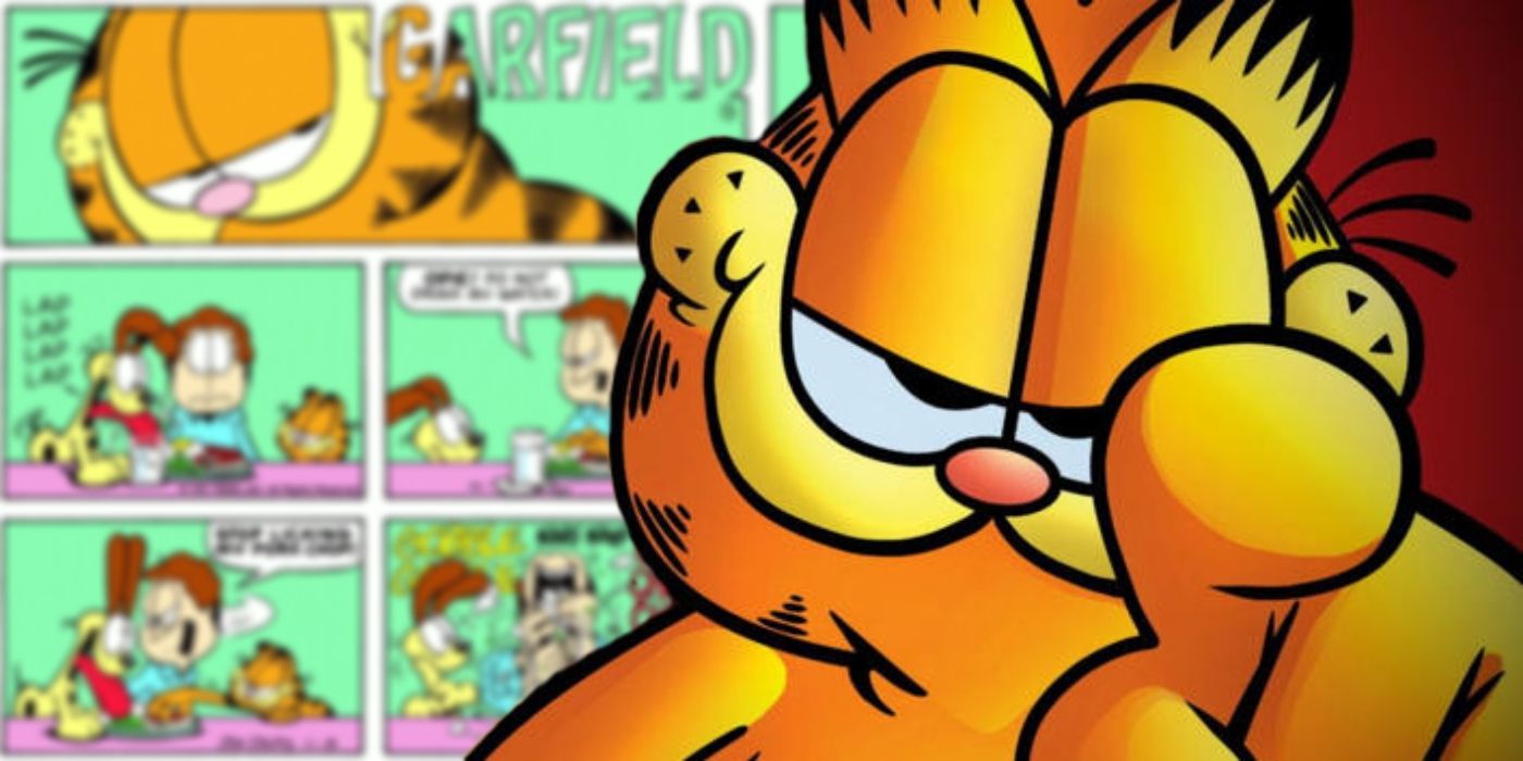 Garfield pointing at the &lsquo;camera&rsquo; with a blurred out comic strip behind him.