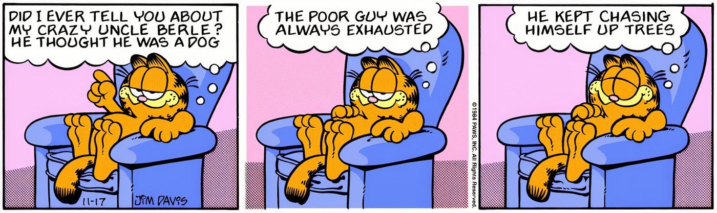 Garfield sitting in his chair, speaking directly to the reader.