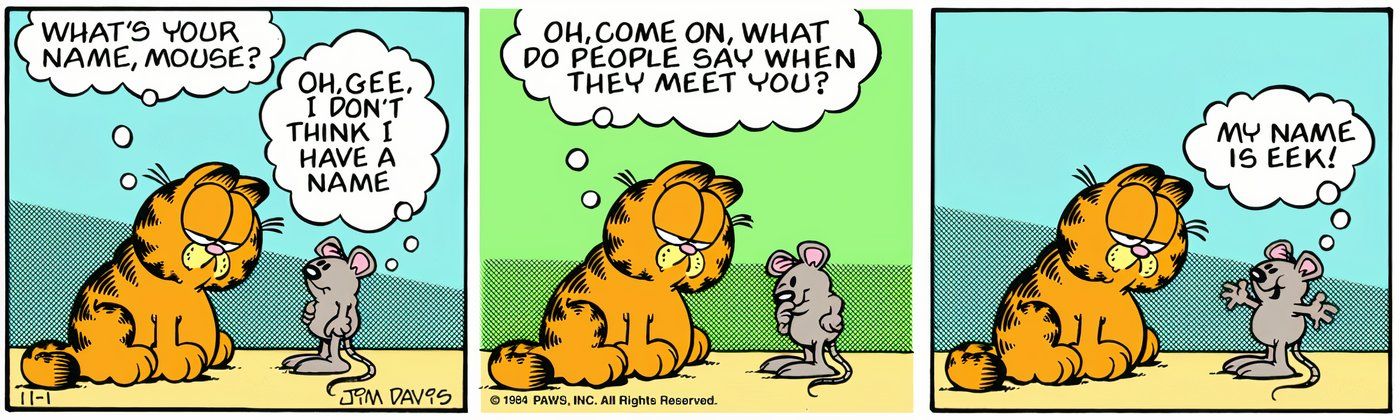 Garfield asking a mouse what his name is.