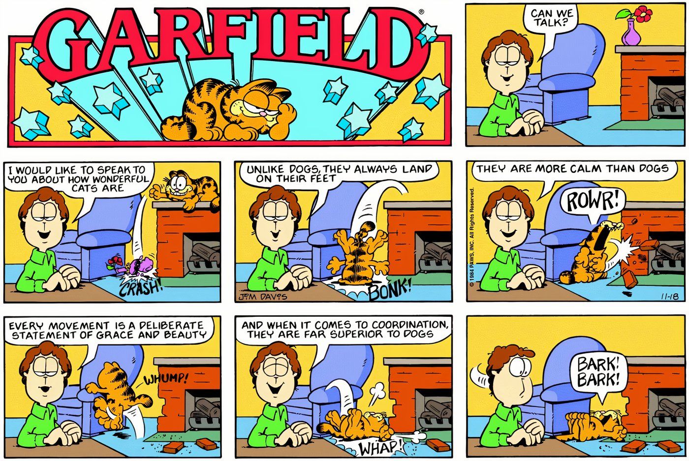 Garfield acting like the opposite of what Jon says cats are.