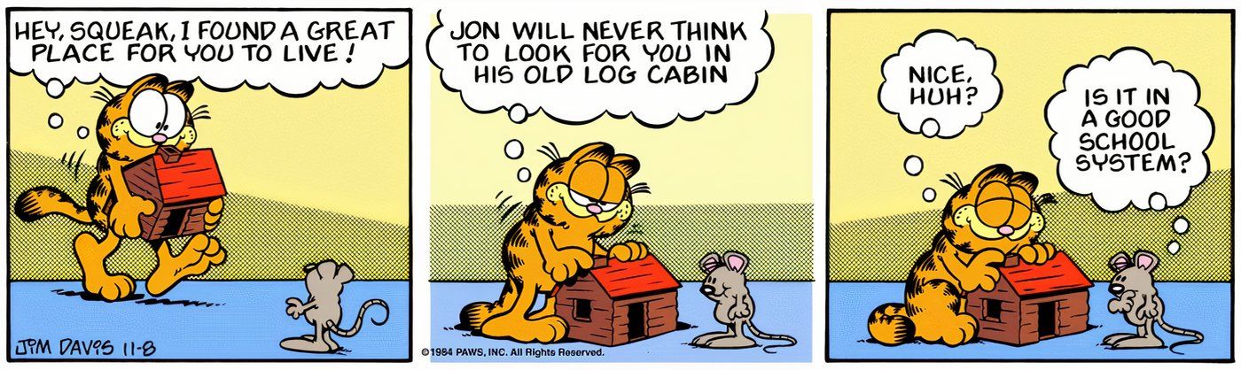 Garfield giving a mouse a toy cabin to live in.