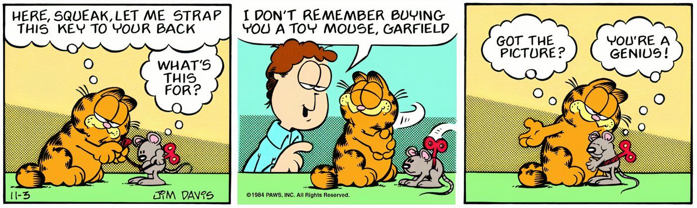 Garfield pretending his mouse friend is a toy in front of Jon.