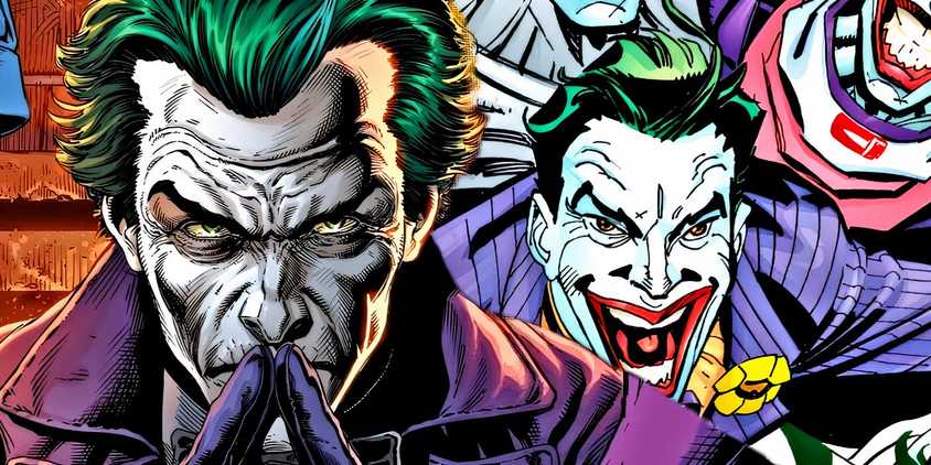 Comic book art: A pensive-looking Joker with other Jokers laughing behind him.