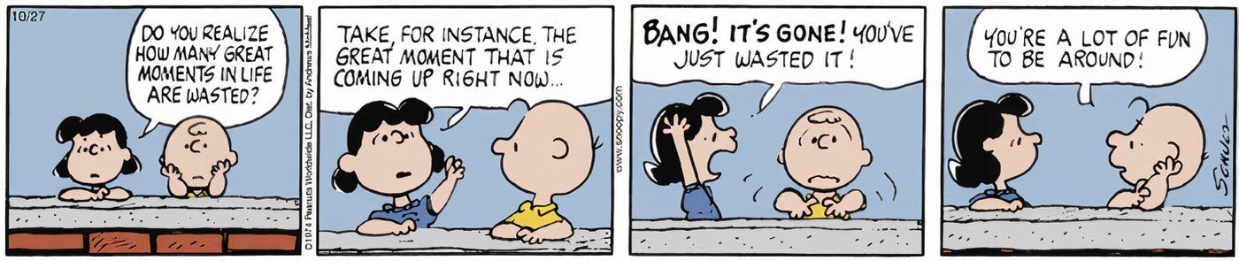 Lucy y Charlie Brown hablan sobre la vida en el famoso muro de Peanuts.