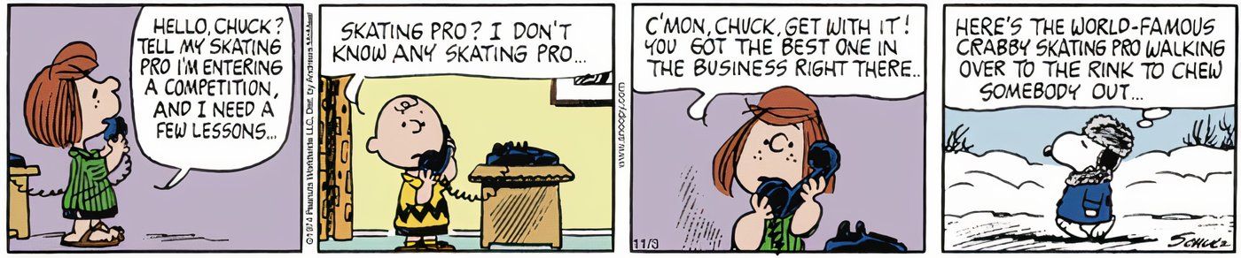 Peppermint Patty le pregunta a Charlie Brown sobre su alter ego Snoopy, un patinaje artístico profesional de fama mundial.