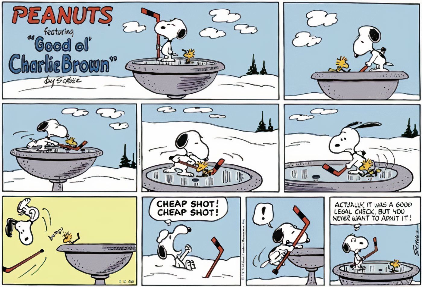 Snoopy y Woodstock de Peanuts juegan hockey.