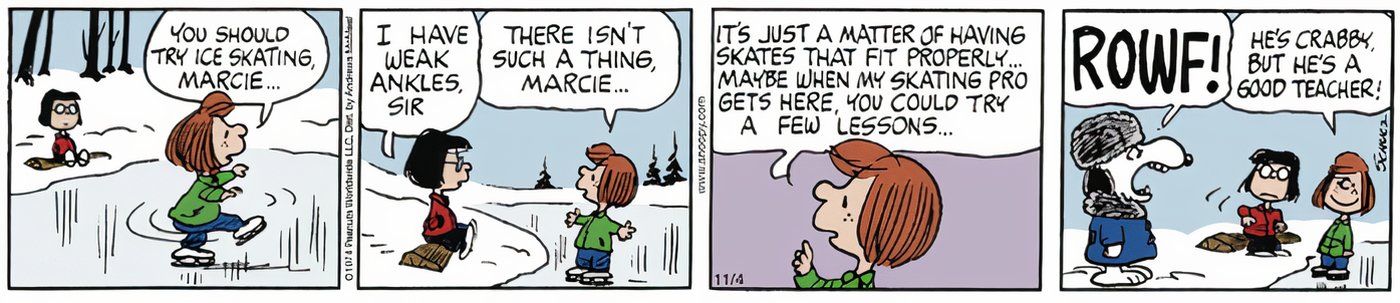 Peppermint Patty le dice a Marcie que Snoopy es un buen instructor de patinaje.