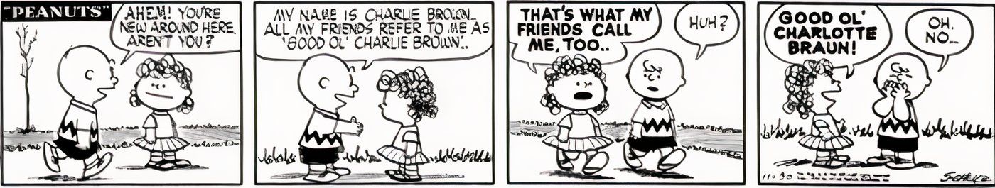 Charlotte Braun encontrando Charlie Brown em Peanuts. 