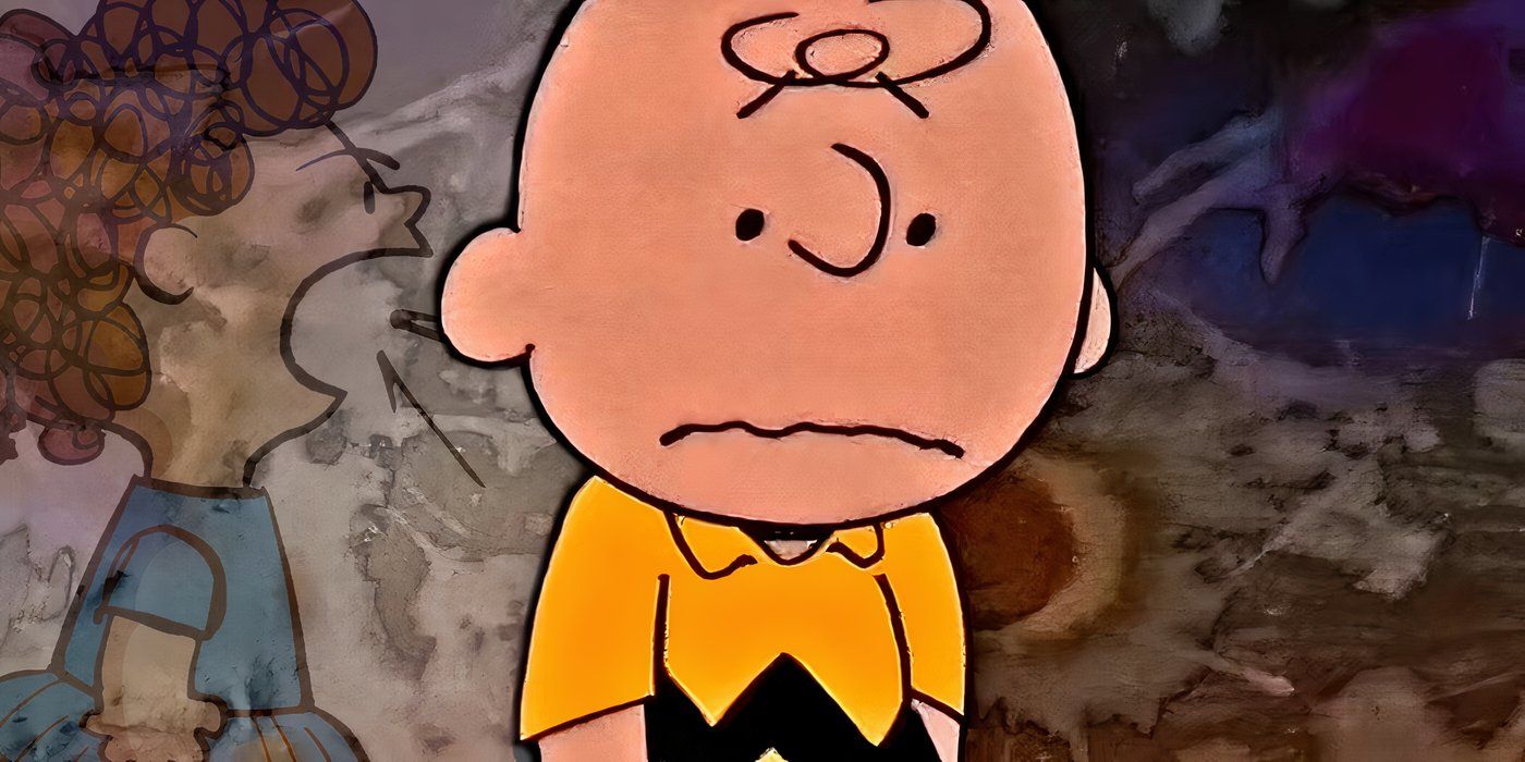 Charlie Brown looking sad while Charlotte Braun is yelling behind him.