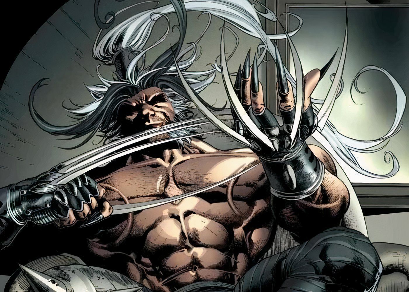 Wolverine's archenemy Romulus brandishing his claws while sitting in a chair.