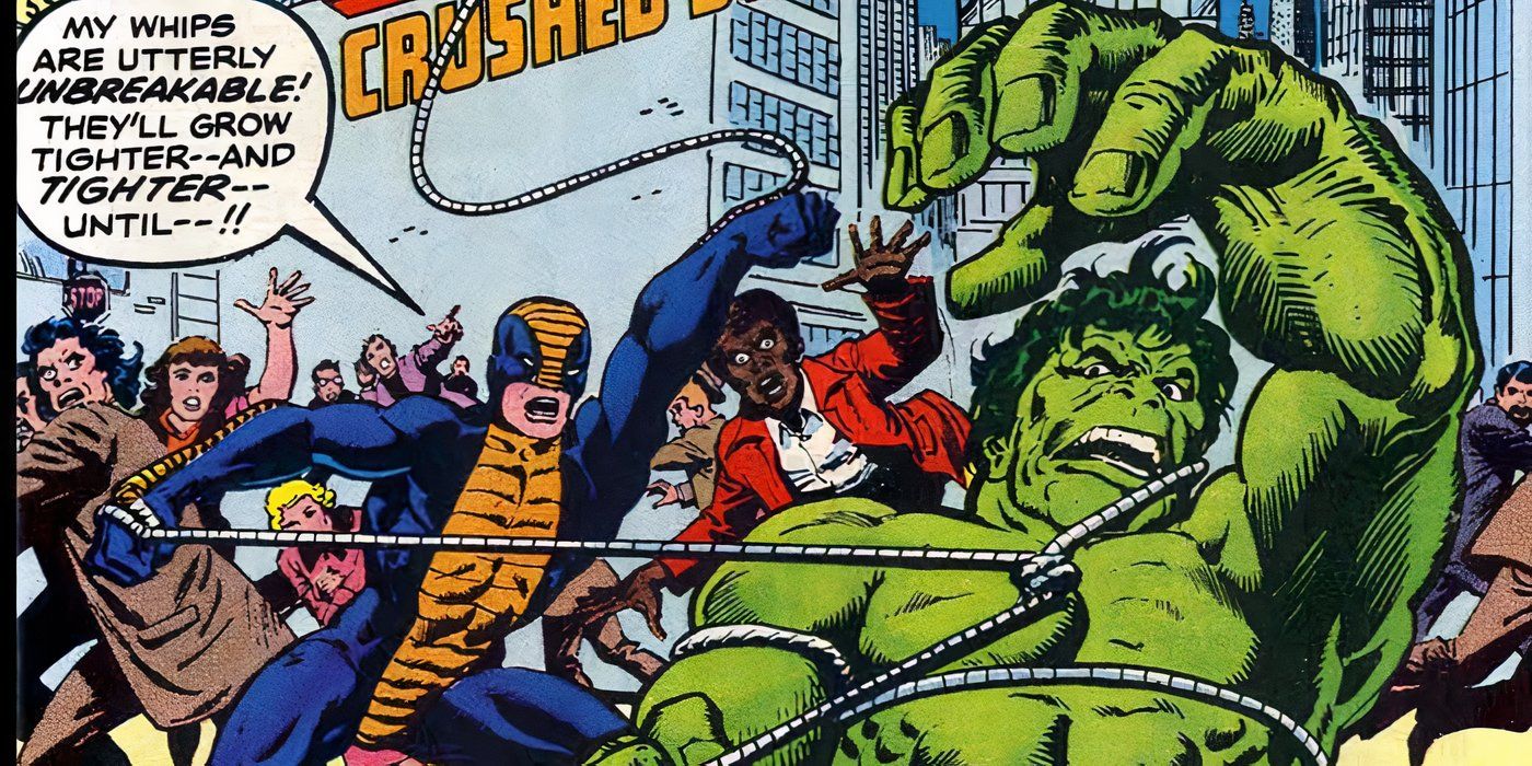 The Hulk being crushed by the Constrictor's adamantium coils.