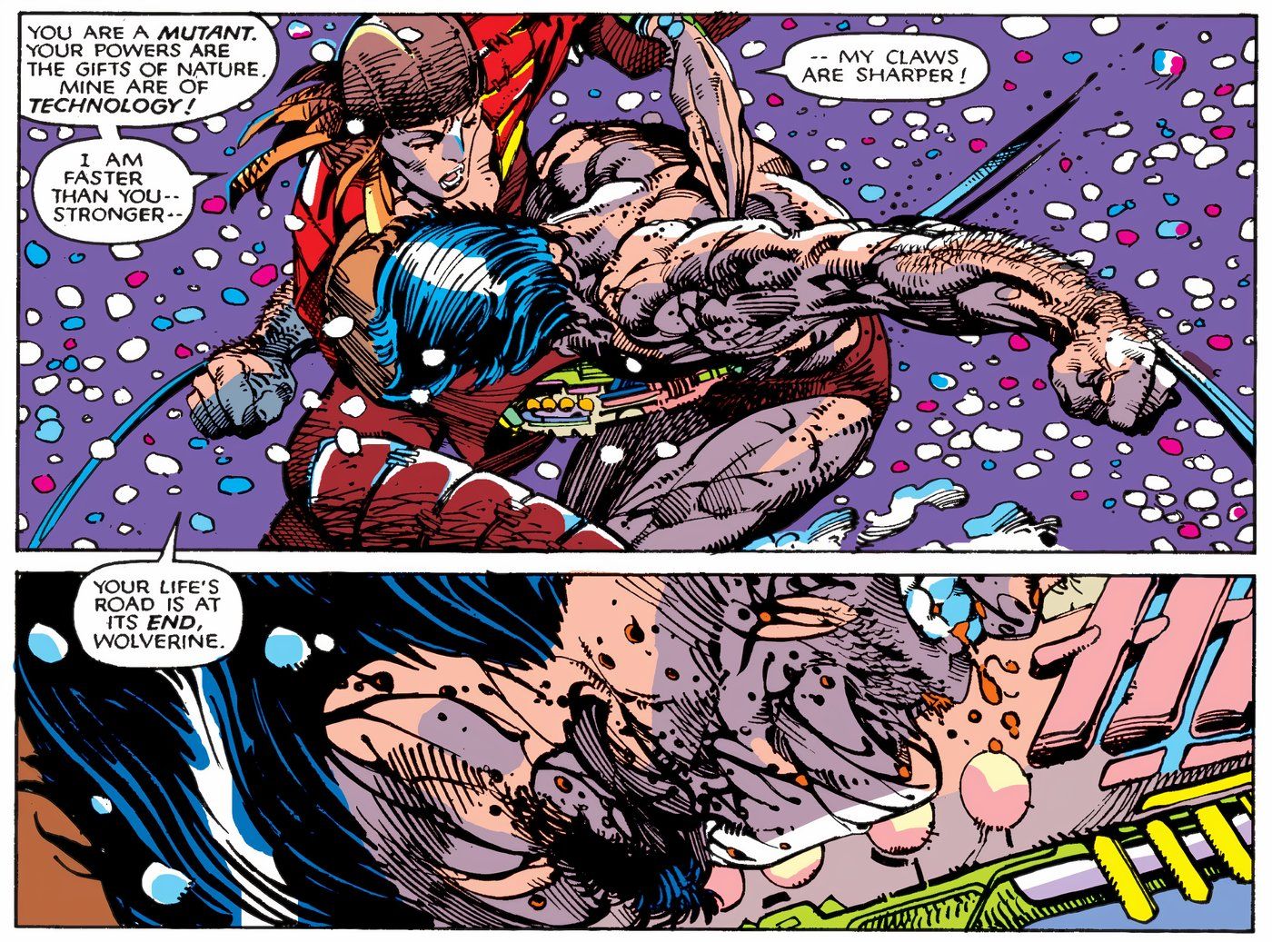 Wolverine fighting Lady Deathstrike in the snow.