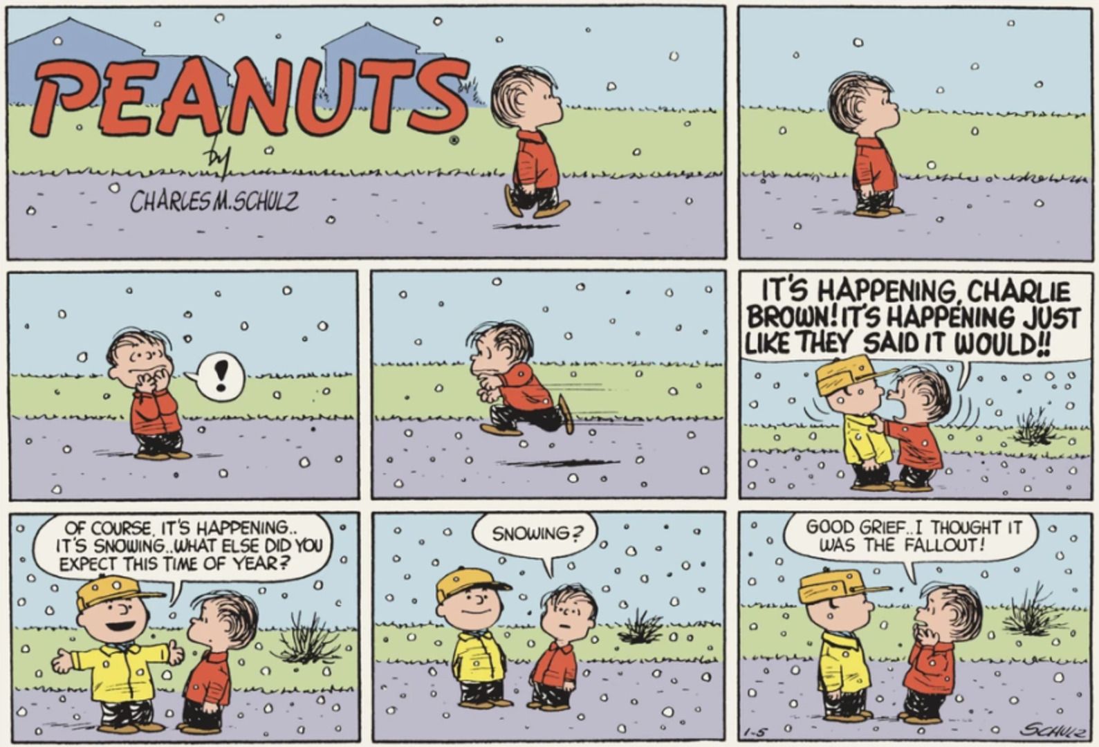 Linus running to Charlie Brown in the snow.