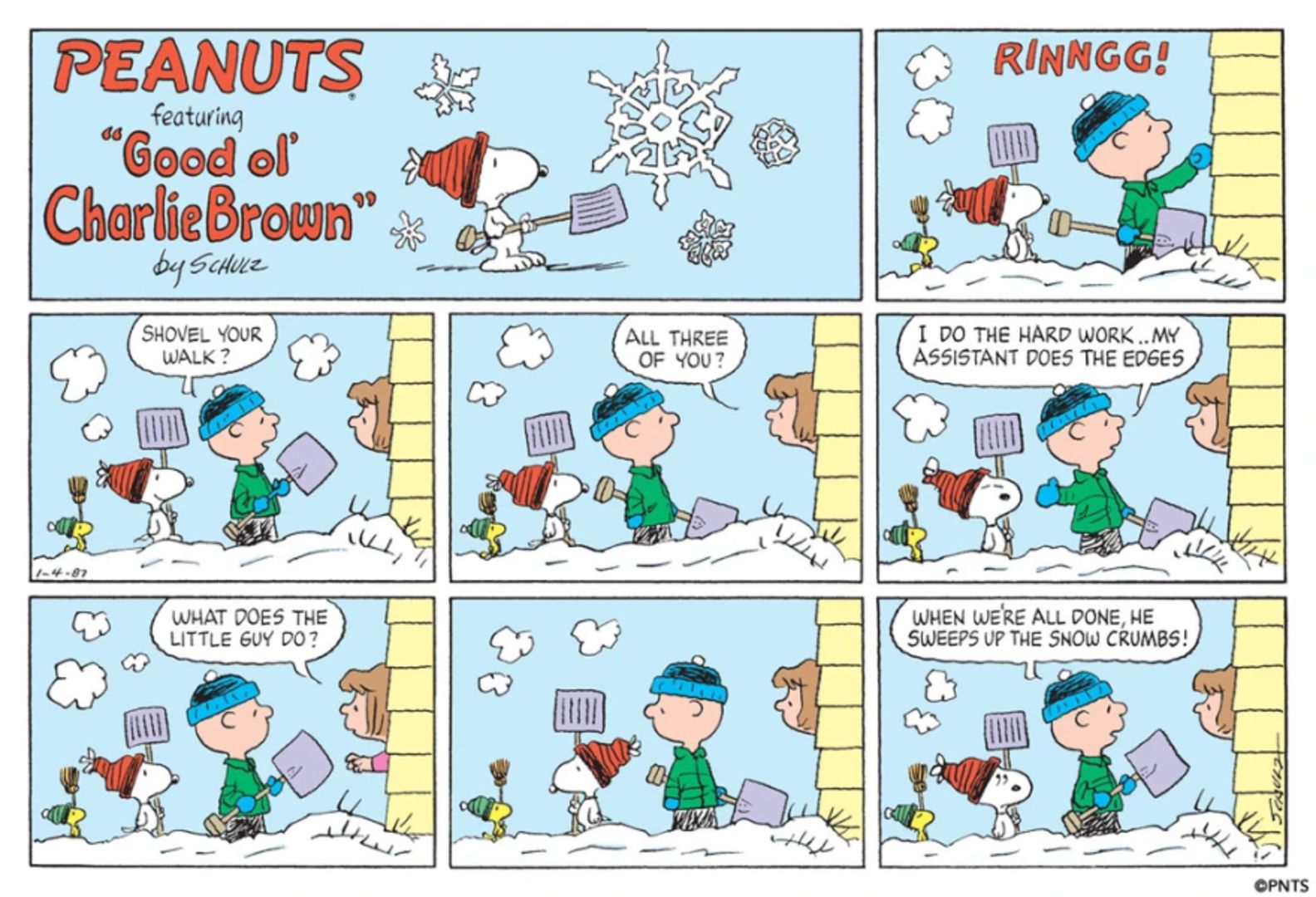 Charlie Brown, Snoopy and Woodstock go door to door to shovel snow.