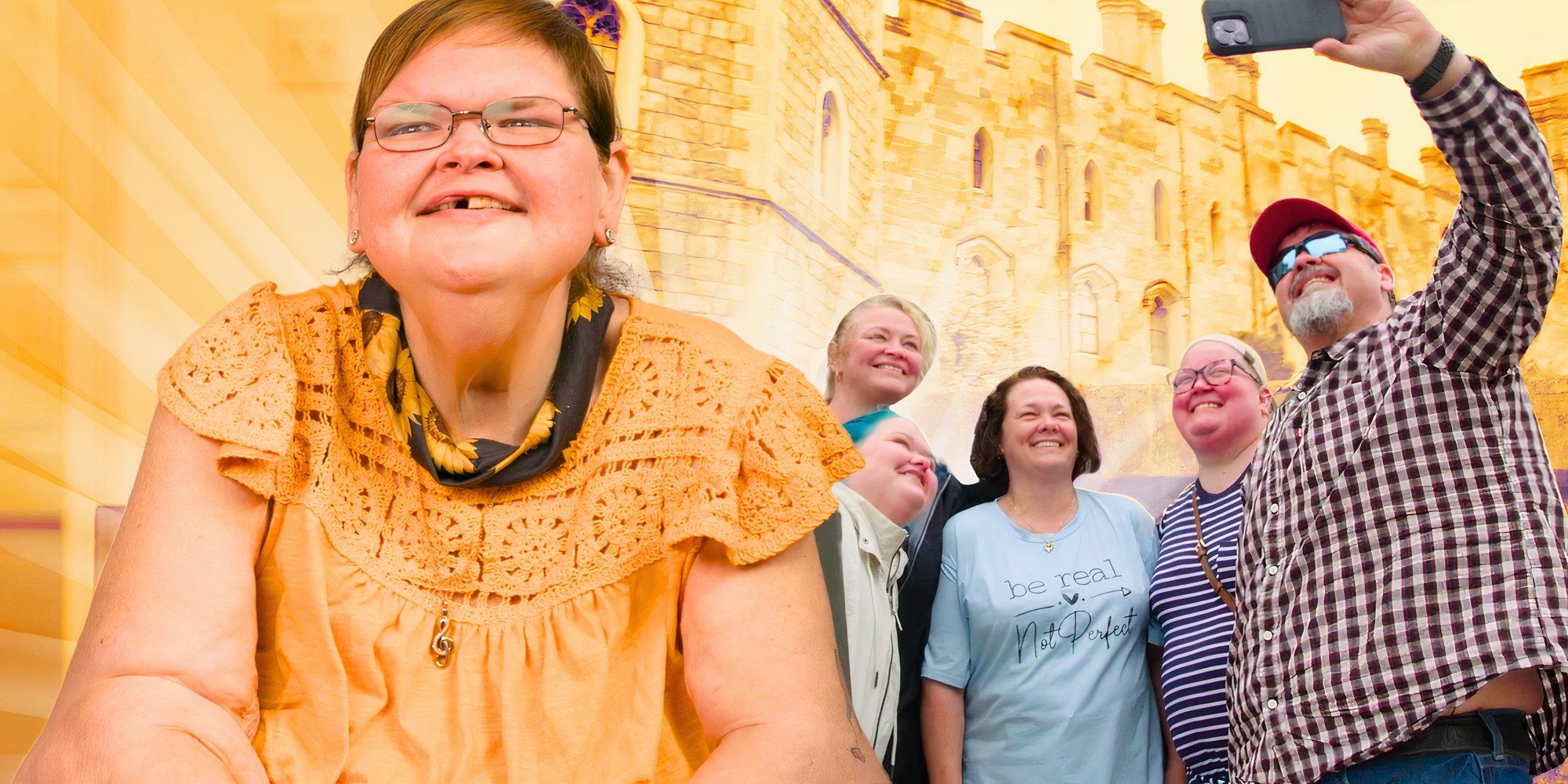 1000 lb sisters star tammy slaton in yellow top smilng with family behind her with yellow background