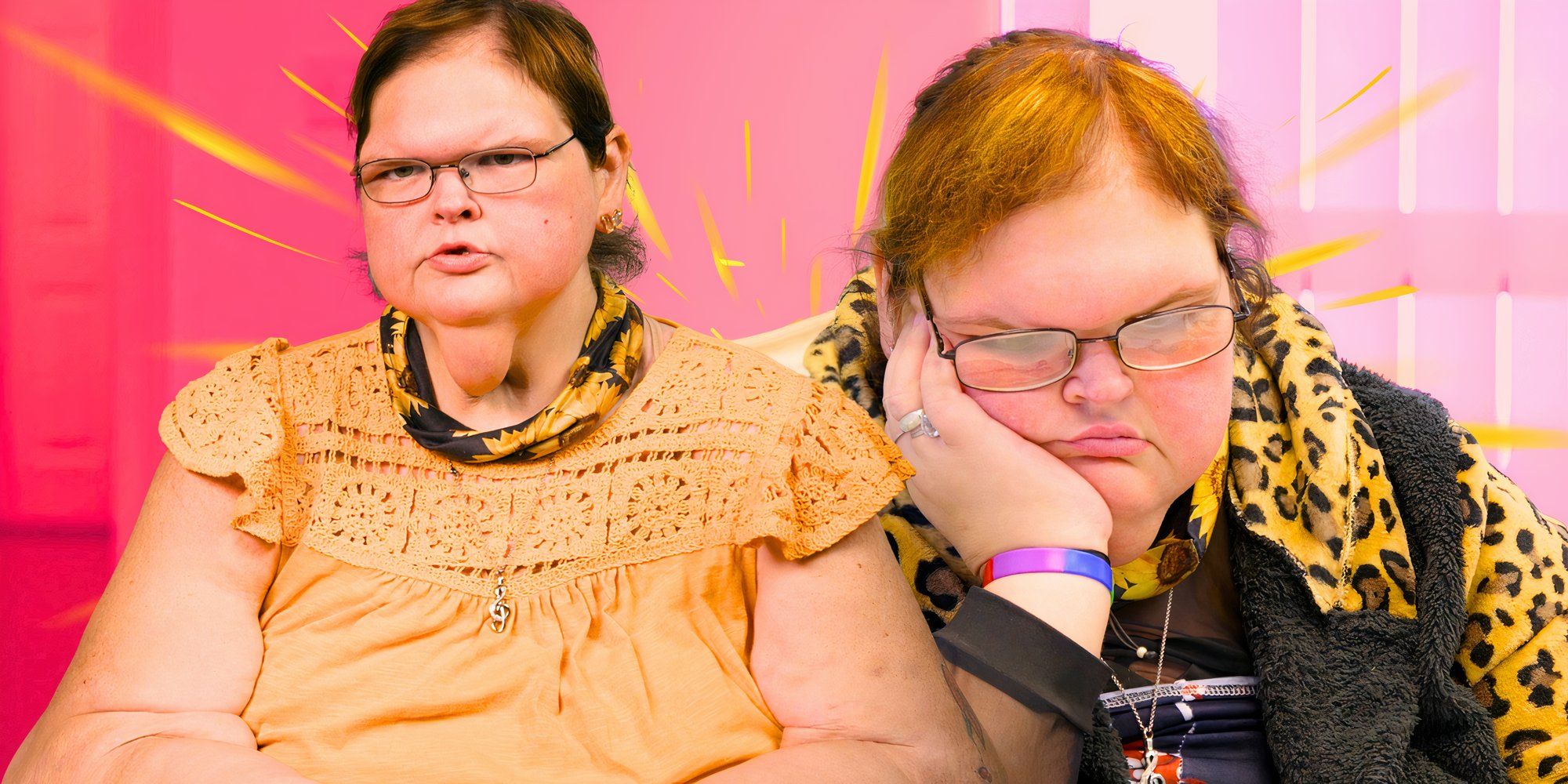 1000 lb sisters star tammy slaton in montage with sad and happy poses in yellow outfits and pink background