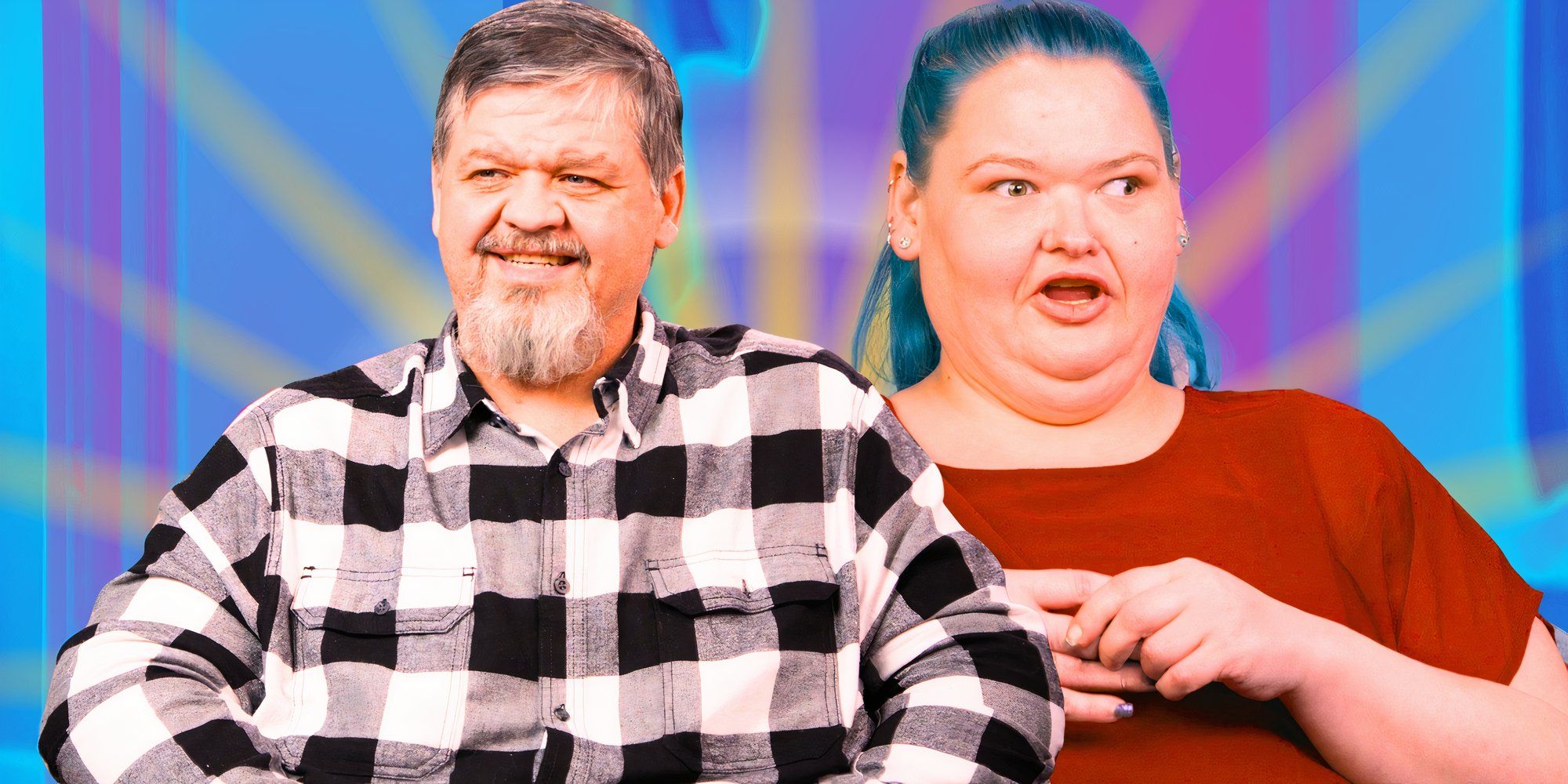 1000-Lb Sisters stars Amy Slaton and Chris Combs in montage with him in plaid shirt and her in red looking shocked