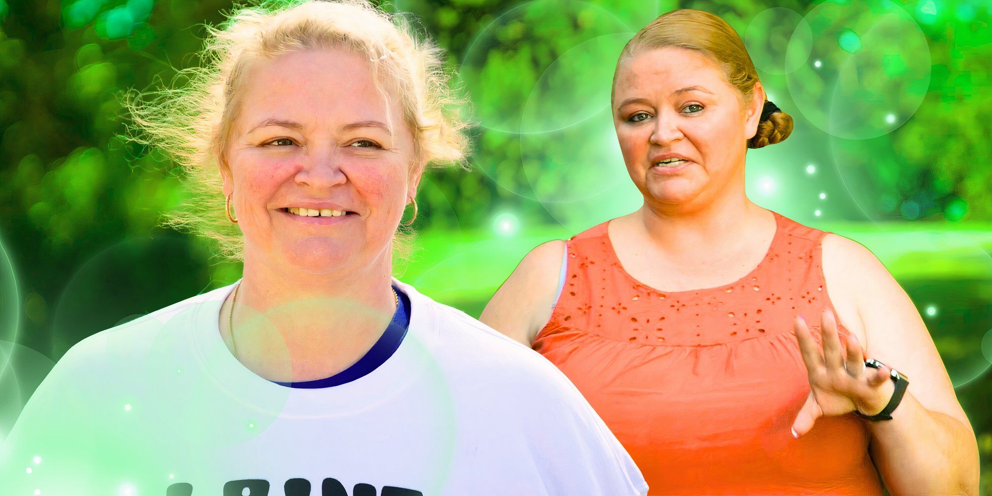 Assembly sisters of 1000 lb of Amanda Halterman with green background