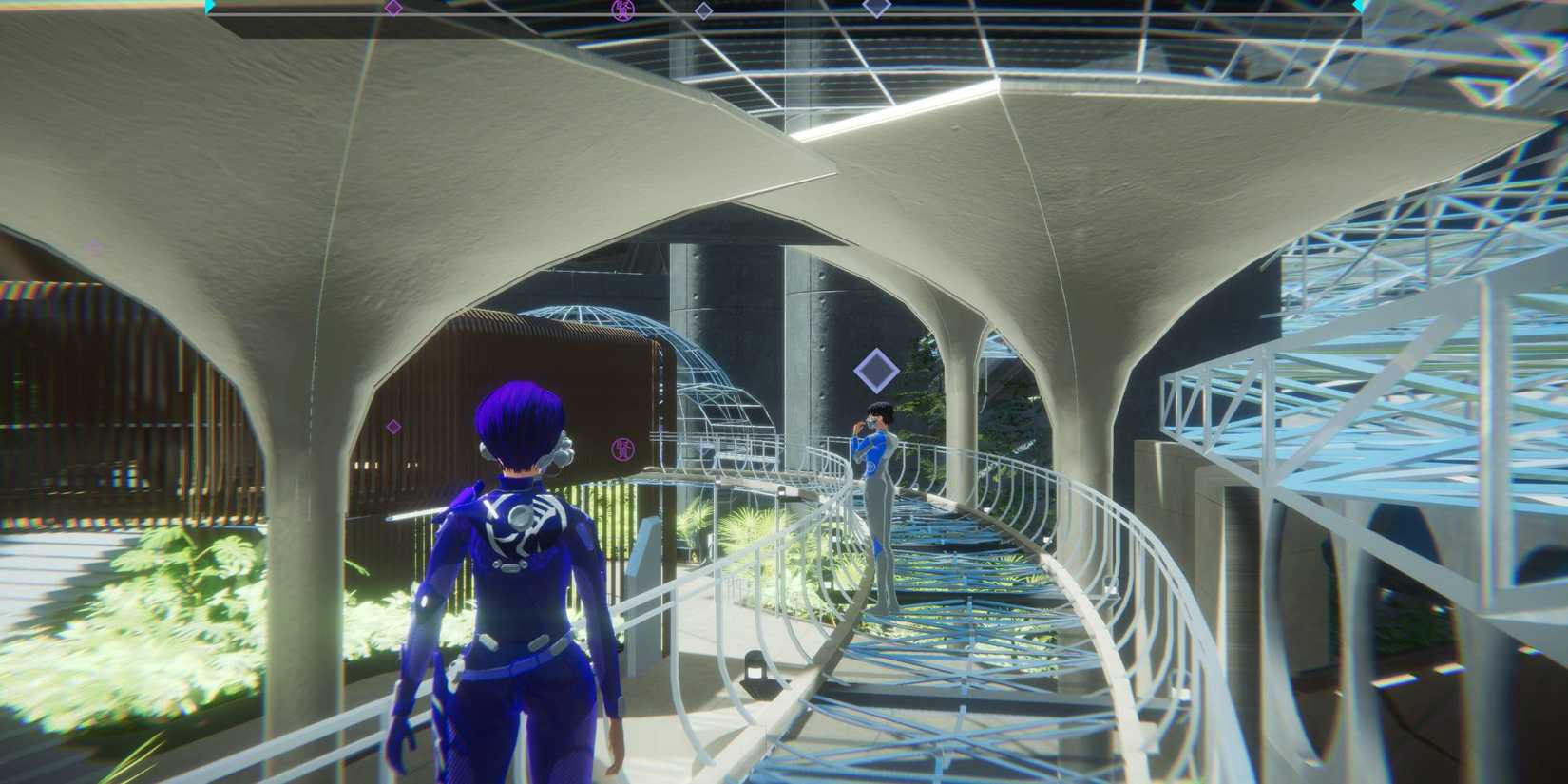 The protagonist walking down a walk way with giant pillars on either side in 1000xResist.