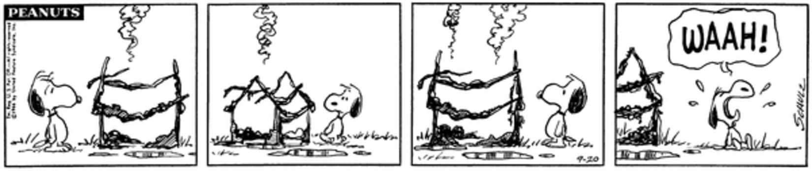 Peanuts strip: The charred remains of Snoopy's doghouse while he cries.