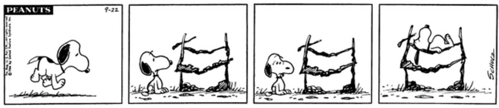 Peanuts strip: Snoopy laying on top of the remaining frame of his burned doghouse.