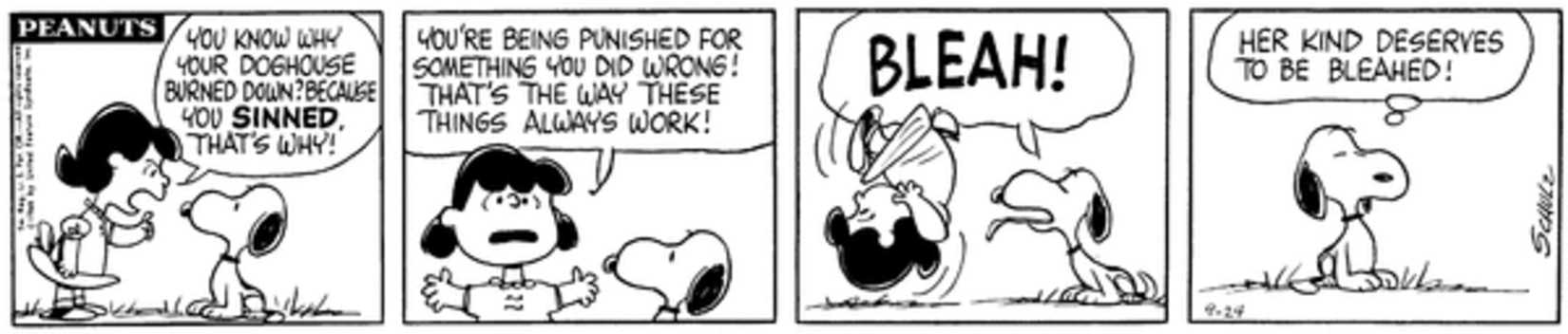 Peanuts strip: Lucy yelling at Snoopy.