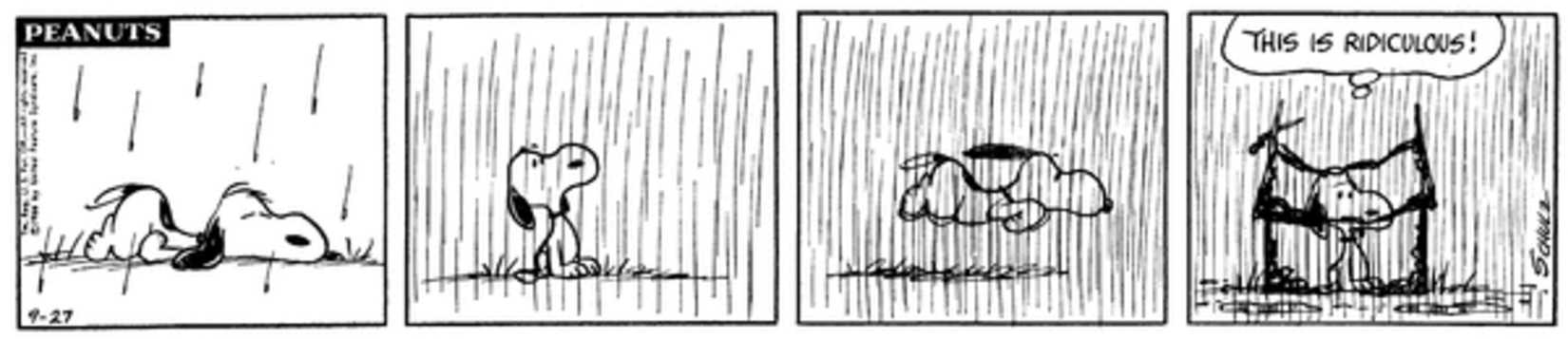 Peanuts strip: Snoopy in his burned doghouse skeleton in the rain.