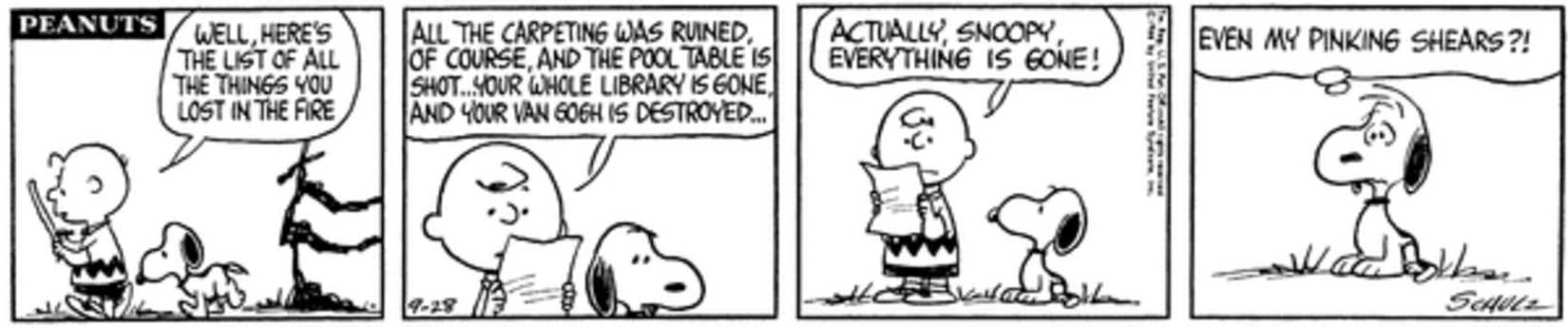 Peanuts strip: Snoopy upset of all the things he lost in the fire.