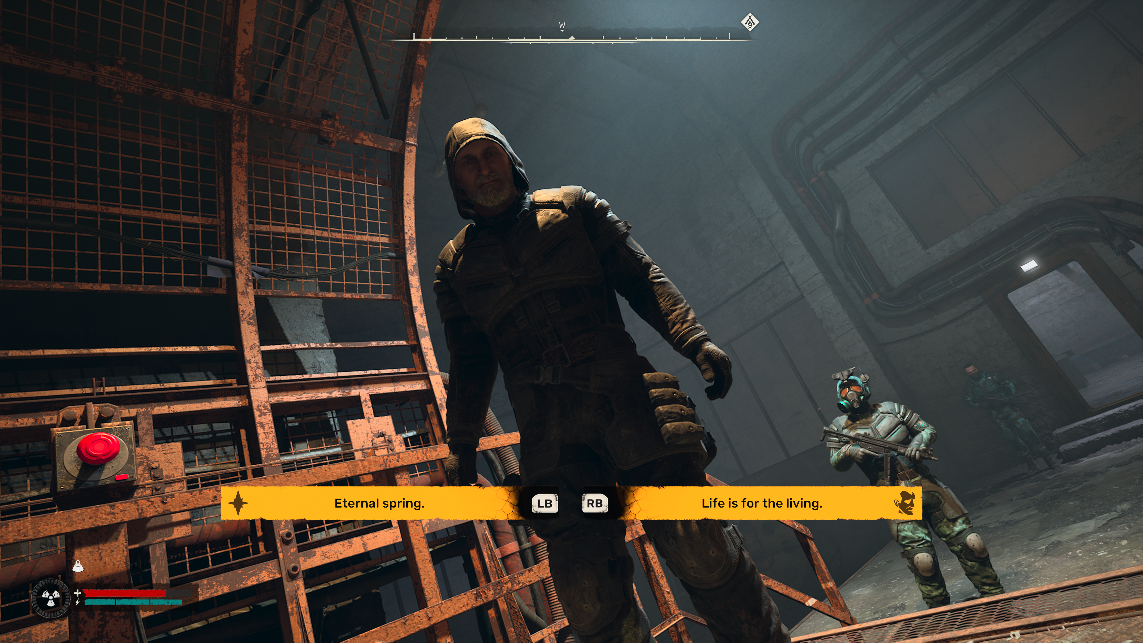 First-person screenshot from STALKER 2, with the player looking up at a hooded man cloaked in shadow and backed by an armed guard. Two button prompts are on the screen, one saying, &ldquo;Eternal spring&rdquo; with the other reading, &ldquo;Life is for the living.&quot;