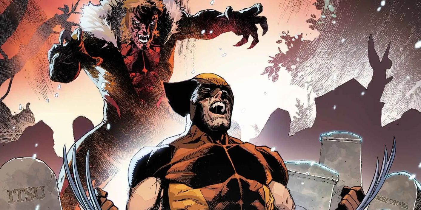 Wolverine and Sabretooth amongst graves of Wolverine&rsquo;s past.