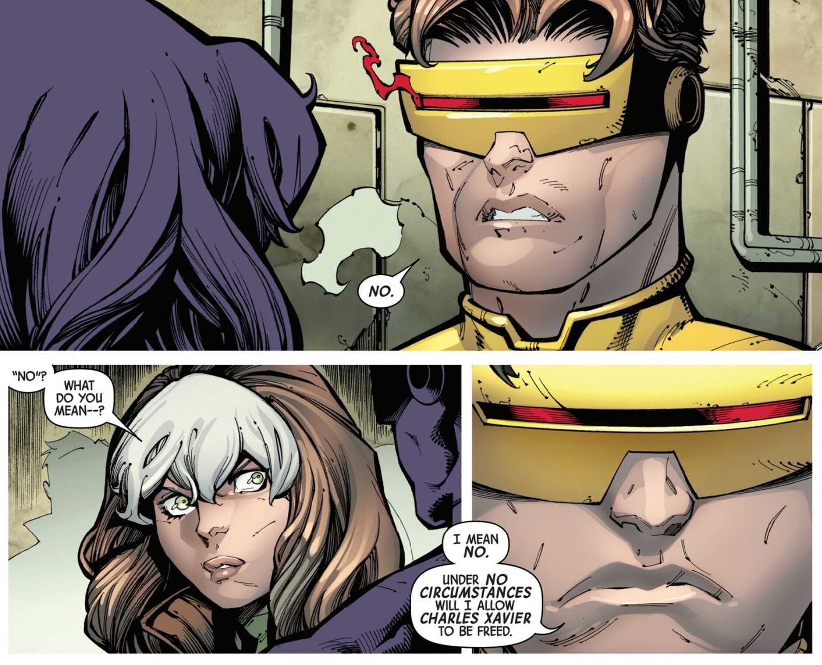 Comic book panels: Cyclops tells Rogue he won't let them free Professor Charles Xavier