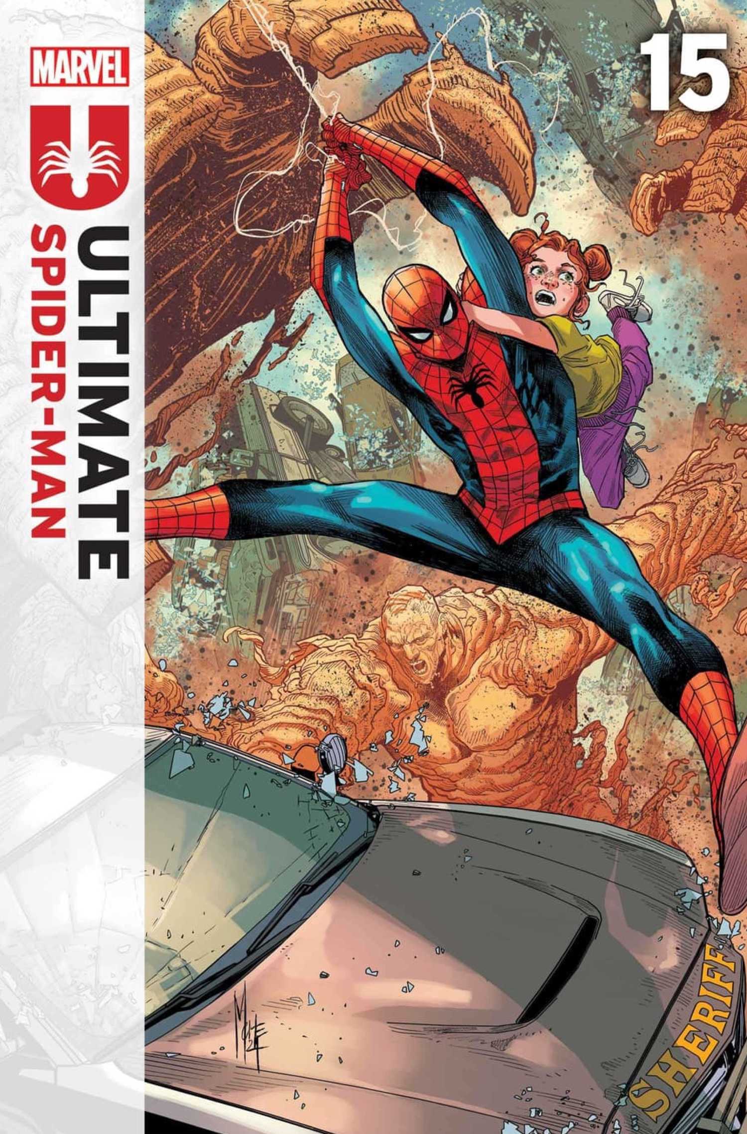 Ultimate Spider-Man #15 cover by Marco Checchetto - Peter and Mayday swing around while Sandman attacks