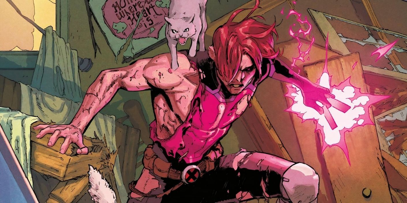 Uncanny X-Men #5 Cover; Gambit fights in a wrecked house with his cats