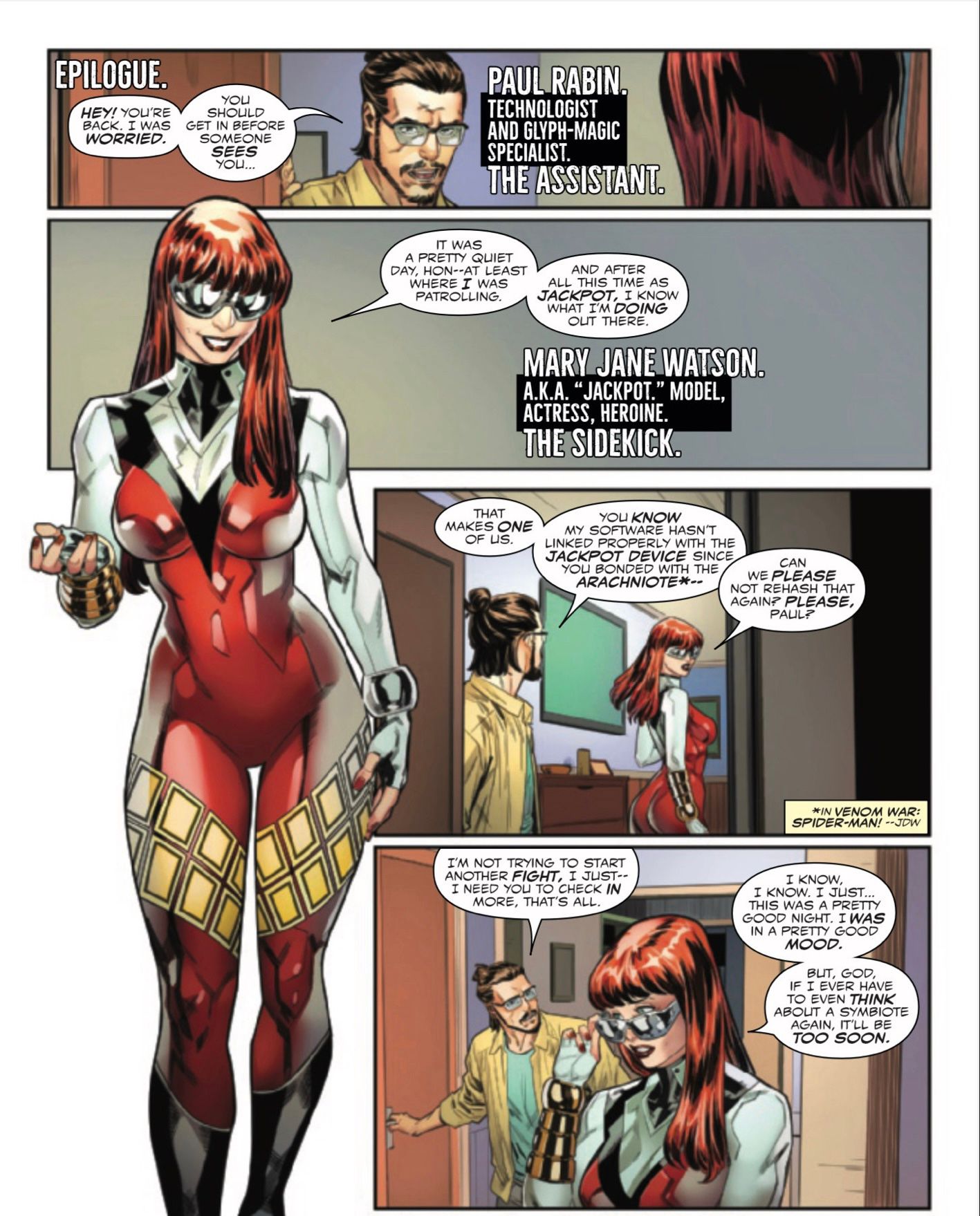 Cropped Epilogue to All-New Venom #1 by Ewing and Gómez - Mary Jane as Jackpot and Paul discuss symbiotes