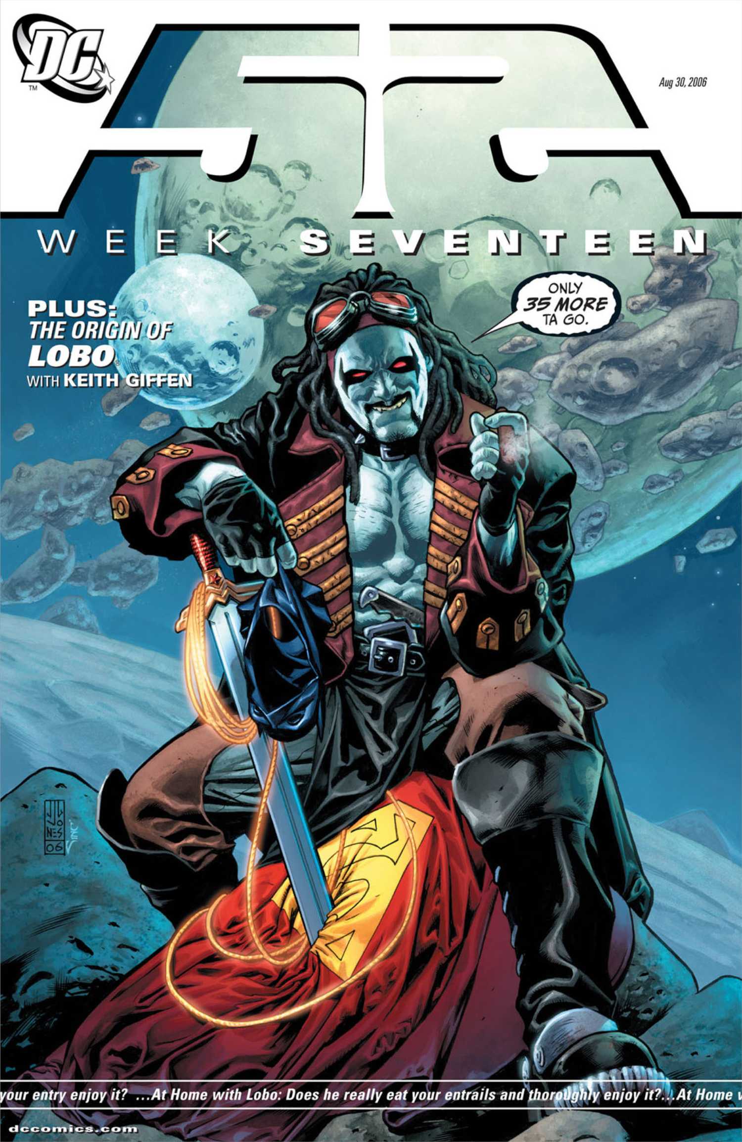Comic book cover: Lobo stands over Superman, Batman, Wonder Woman