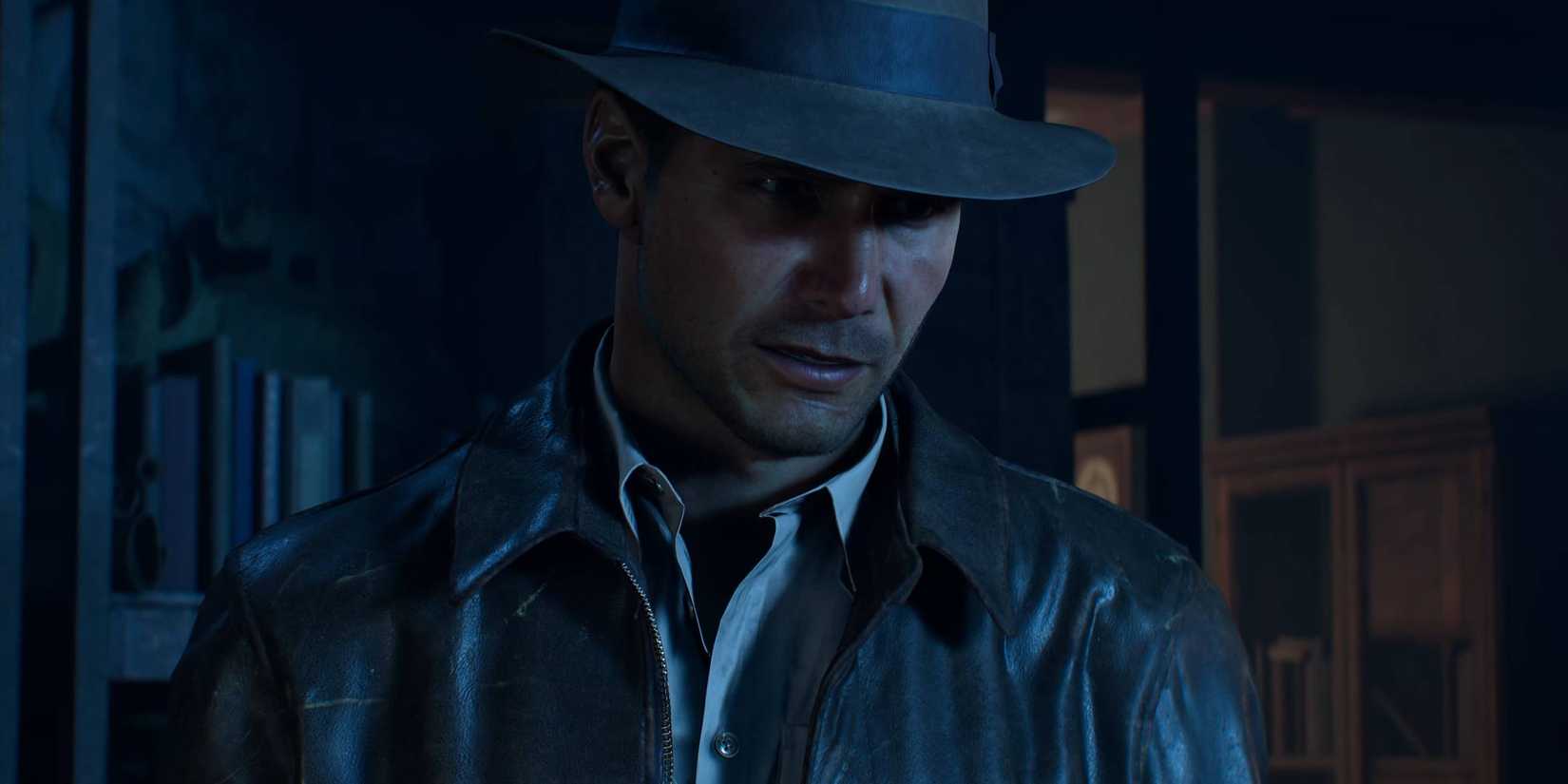 Indiana Jones looking confused in a dark room in Indiana Jones and the Great Circle.