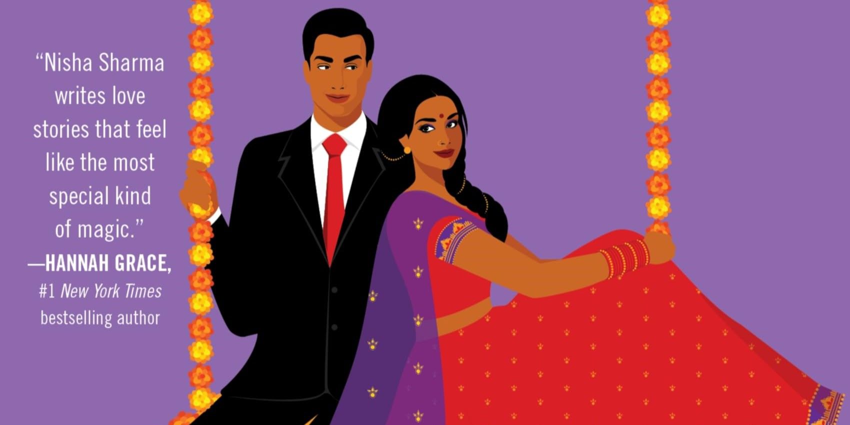 The cover of Marriage & Masti featuring an Indian man in a suit and a woman in a red dress with a purple background