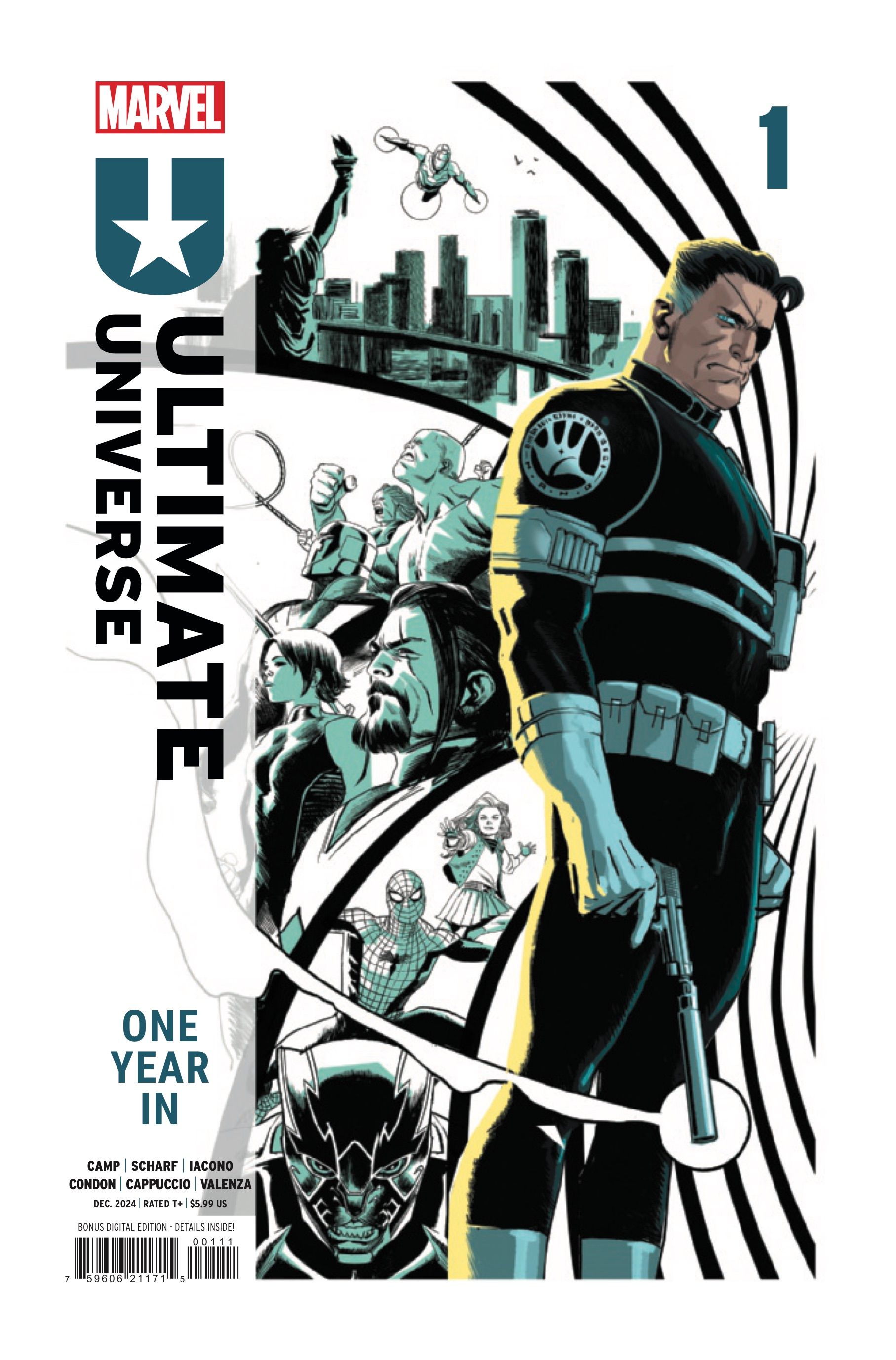 Ultimate Universe: One Year In #1 cover by Rafael Albuquerque - Nick Fury in front of characters across Earth-6160